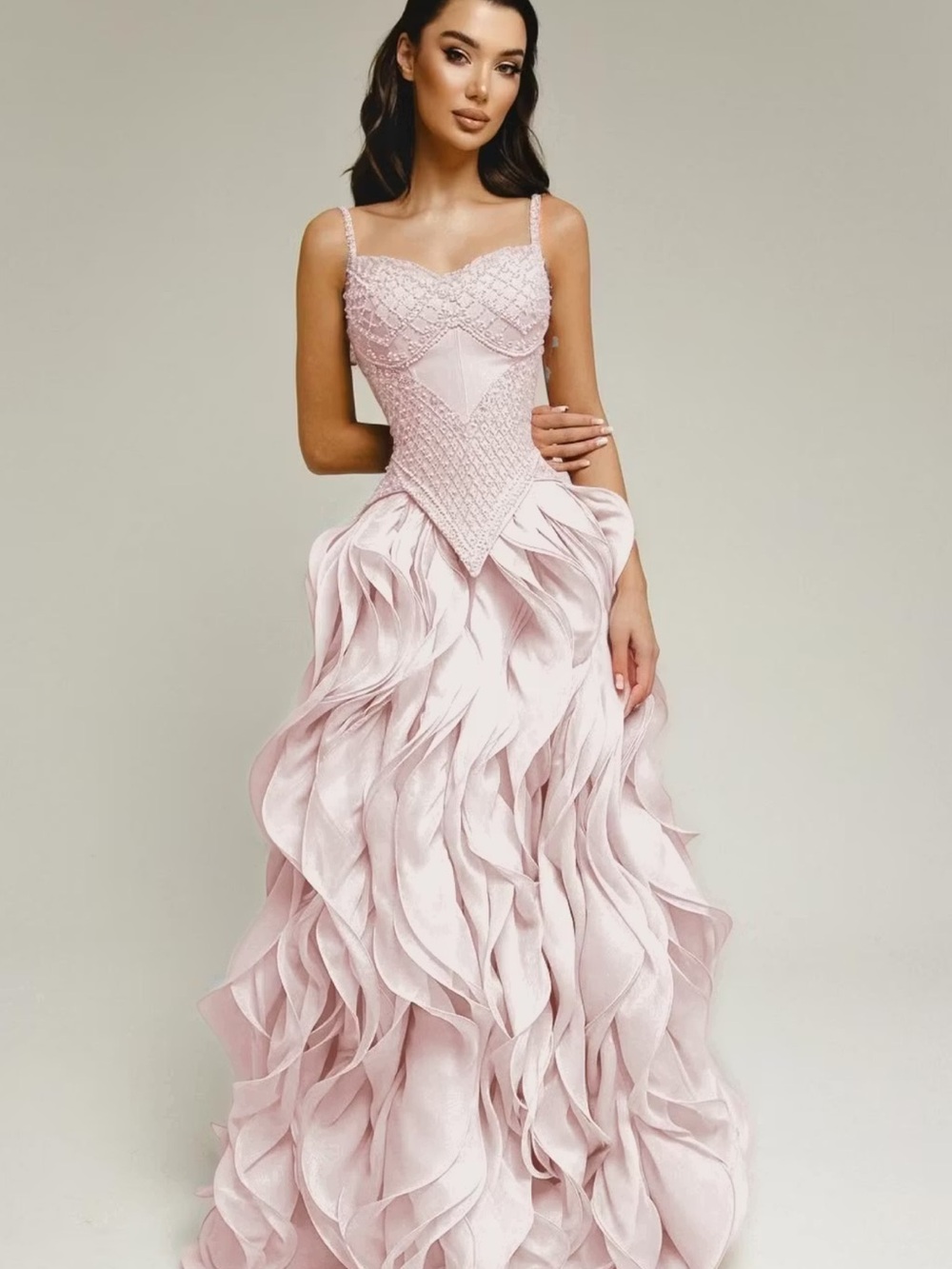 Elegant Pink Ruffled Evening Gown - Sleeveless Corset Bodice